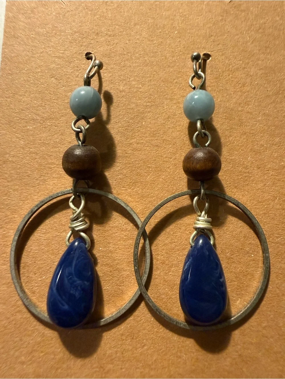 Handcrafted Artisan Blue Teardrop Hoop Earrings with Wood Bead